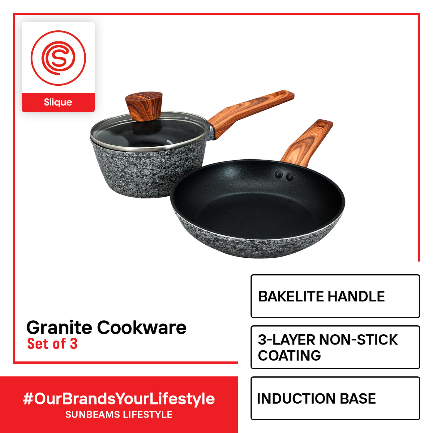 SLIQUE Granite Cookware Multi Layer Non-Stick Coating Induction Base Wooden Finish Bakelite Handle Set of 3 Amazing Gift Idea For Any Occasion!