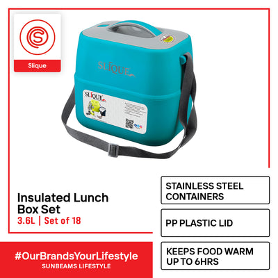 SLIQUE Premium Insulated Pot Luck Lunch Box Set w/ Shoulder Strap 3600ml Set of 18 (Aqua Green)