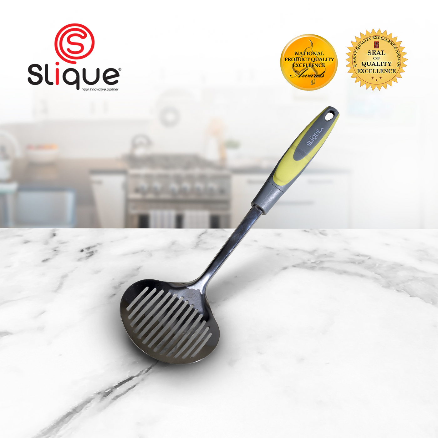 SLIQUE Premium 18/8 Stainless Steel Skimmer TPR Silicone Handle Kitchen Essentials Amazing Gift Idea For Any Occasion! (Green)