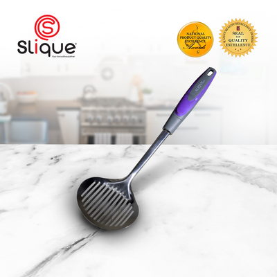 SLIQUE Premium 18/8 Stainless Steel Skimmer TPR Silicone Handle Kitchen Essentials Amazing Gift Idea For Any Occasion! (Purple)