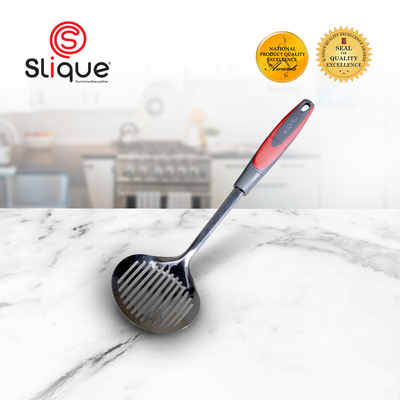SLIQUE Premium 18/8 Stainless Steel Skimmer TPR Silicone Handle Kitchen Essentials Amazing Gift Idea For Any Occasion! (Red)