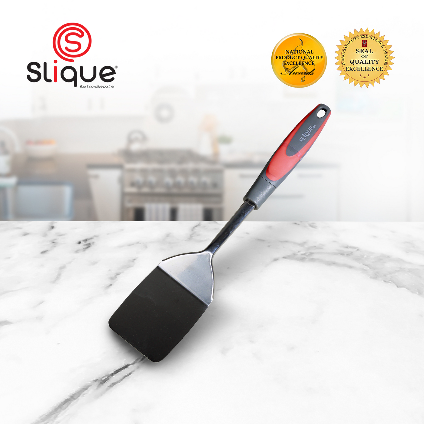SLIQUE Premium 18/8 Stainless Steel Turner TPR Silicone Handle Kitchen Essentials Amazing Gift Idea For Any Occasion! (Red)