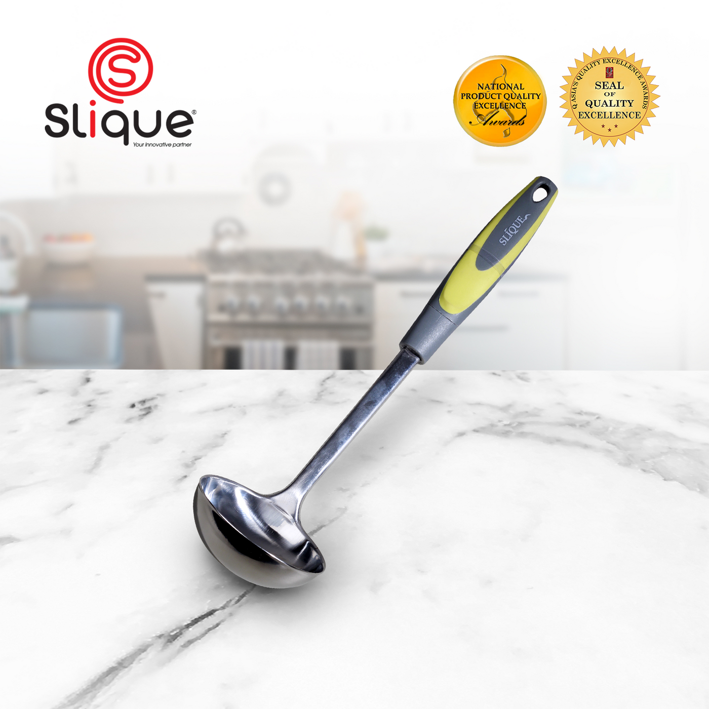 SLIQUE Premium 18/8 Stainless Steel Ladle TPR Silicone Handle Kitchen Essentials Amazing Gift Idea For Any Occasion! (Green)