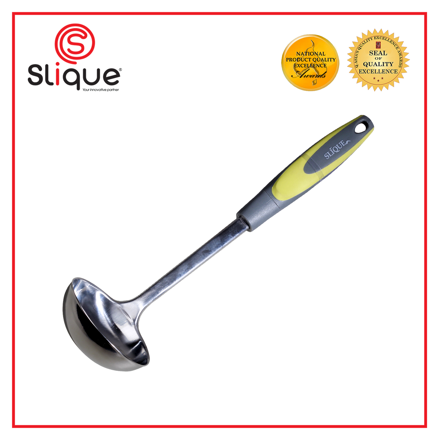 SLIQUE Premium 18/8 Stainless Steel Ladle TPR Silicone Handle Kitchen Essentials Amazing Gift Idea For Any Occasion! (Green)