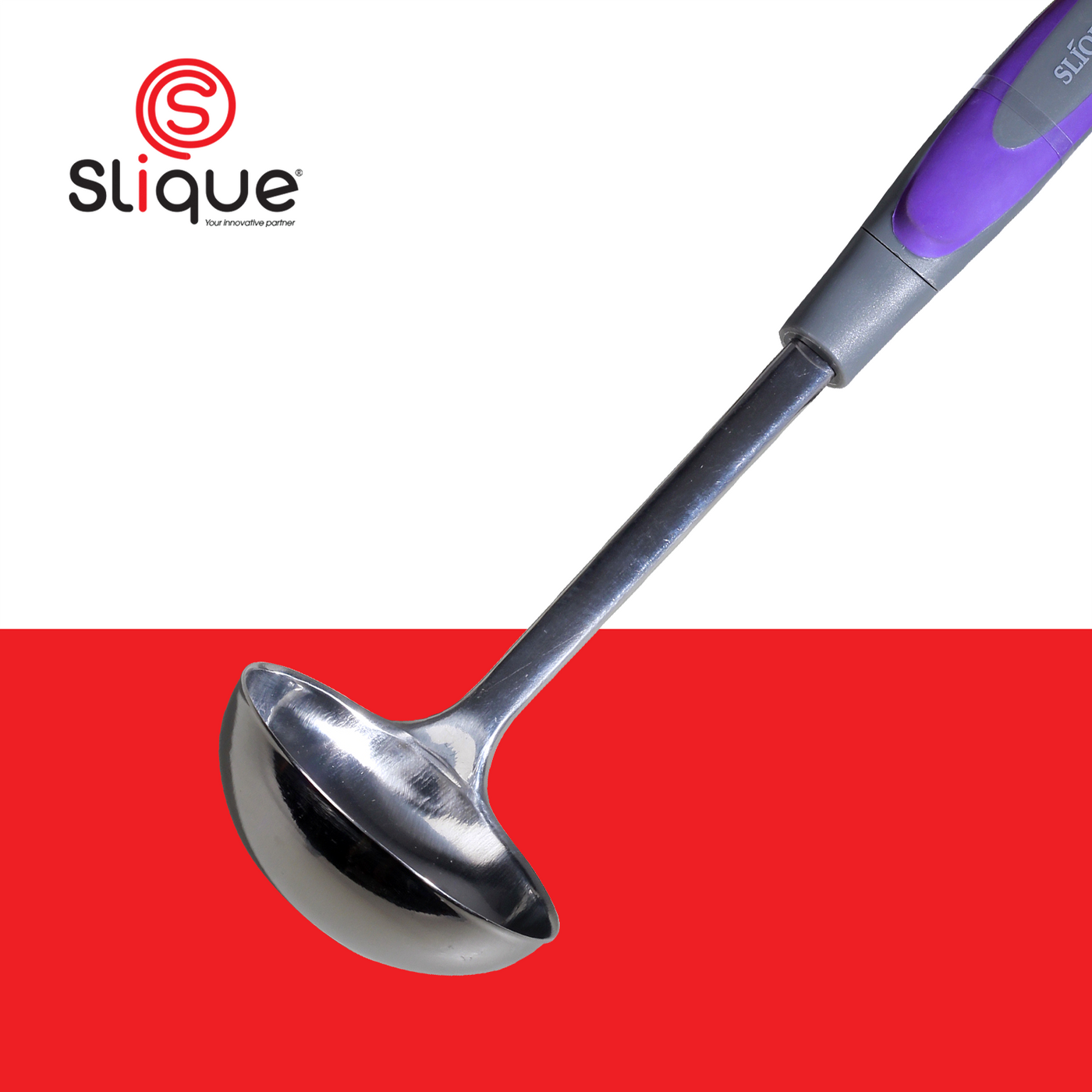 SLIQUE Premium 18/8 Stainless Steel Ladle TPR Silicone Handle Kitchen Essentials Amazing Gift Idea For Any Occasion! (Purple)