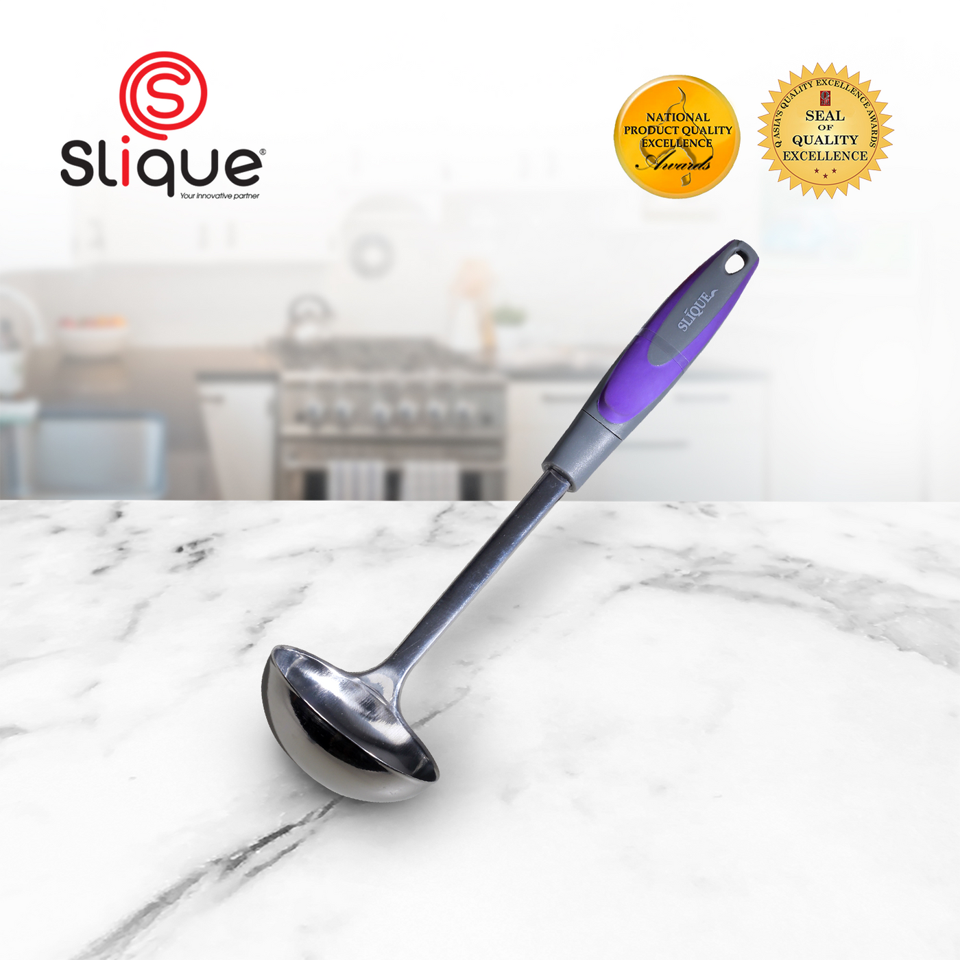 SLIQUE Premium 18/8 Stainless Steel Ladle TPR Silicone Handle Kitchen Essentials Amazing Gift Idea For Any Occasion! (Purple)