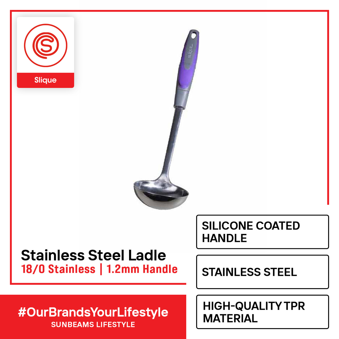 SLIQUE Premium 18/8 Stainless Steel Ladle TPR Silicone Handle Kitchen Essentials Amazing Gift Idea For Any Occasion! (Purple)