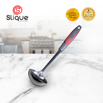 SLIQUE Premium 18/8 Stainless Steel Ladle TPR Silicone Handle Kitchen Essentials Amazing Gift Idea For Any Occasion! (Red)