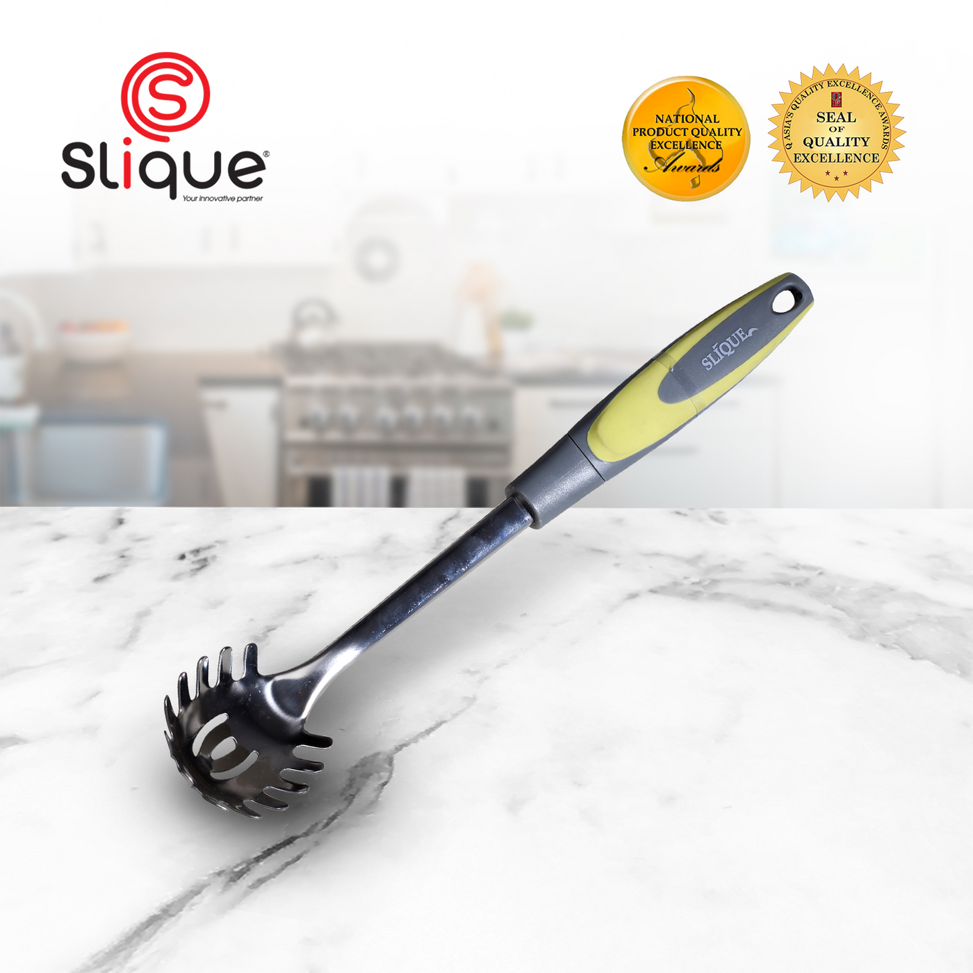 SLIQUE Premium 18/8 Stainless Steel Spaghetti Spoon TPR Silicone Handle Kitchen Essentials Amazing Gift Idea For Any Occasion! (Green)