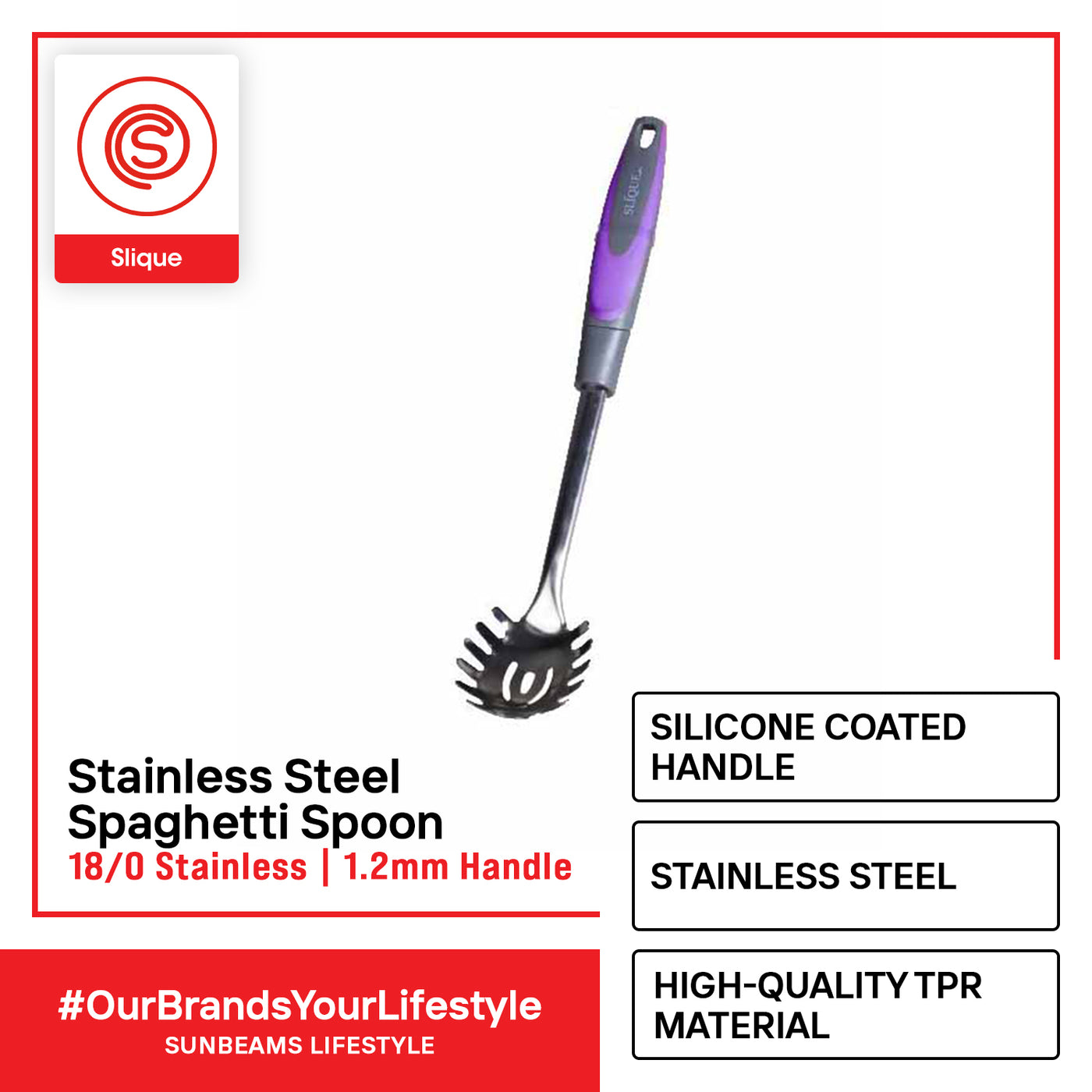 SLIQUE Premium 18/8 Stainless Steel Spaghetti Spoon TPR Silicone Handle Kitchen Essentials Amazing Gift Idea For Any Occasion! (Purple)