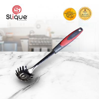 SLIQUE Premium 18/8 Stainless Steel Spaghetti Spoon TPR Silicone Handle Kitchen Essentials Amazing Gift Idea For Any Occasion! (Red)