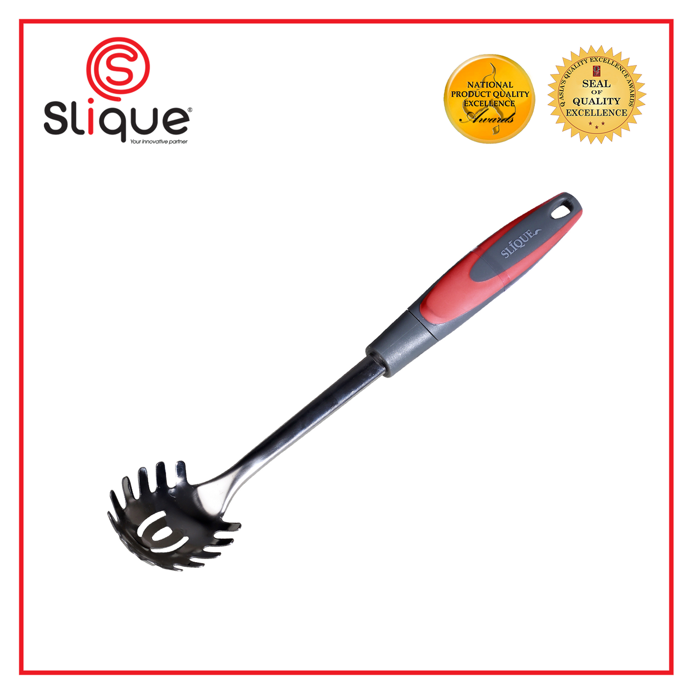 SLIQUE Premium 18/8 Stainless Steel Spaghetti Spoon TPR Silicone Handle Kitchen Essentials Amazing Gift Idea For Any Occasion! (Red)