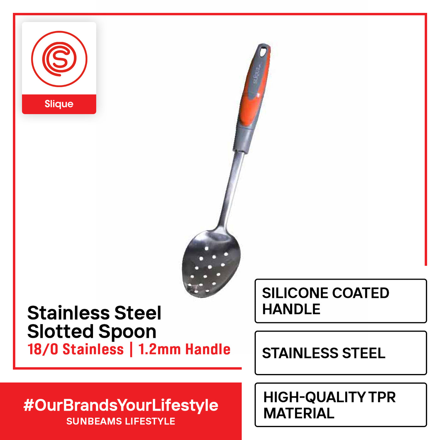 SLIQUE Premium 18/8 Stainless Steel Slotted Spoon (Red)