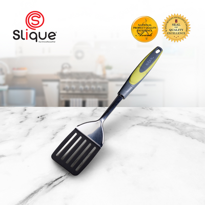 SLIQUE Premium 18/8 Stainless Steel Slotted Turner TPR Silicone Handle Kitchen Essentials Amazing Gift Idea For Any Occasion! (Green)