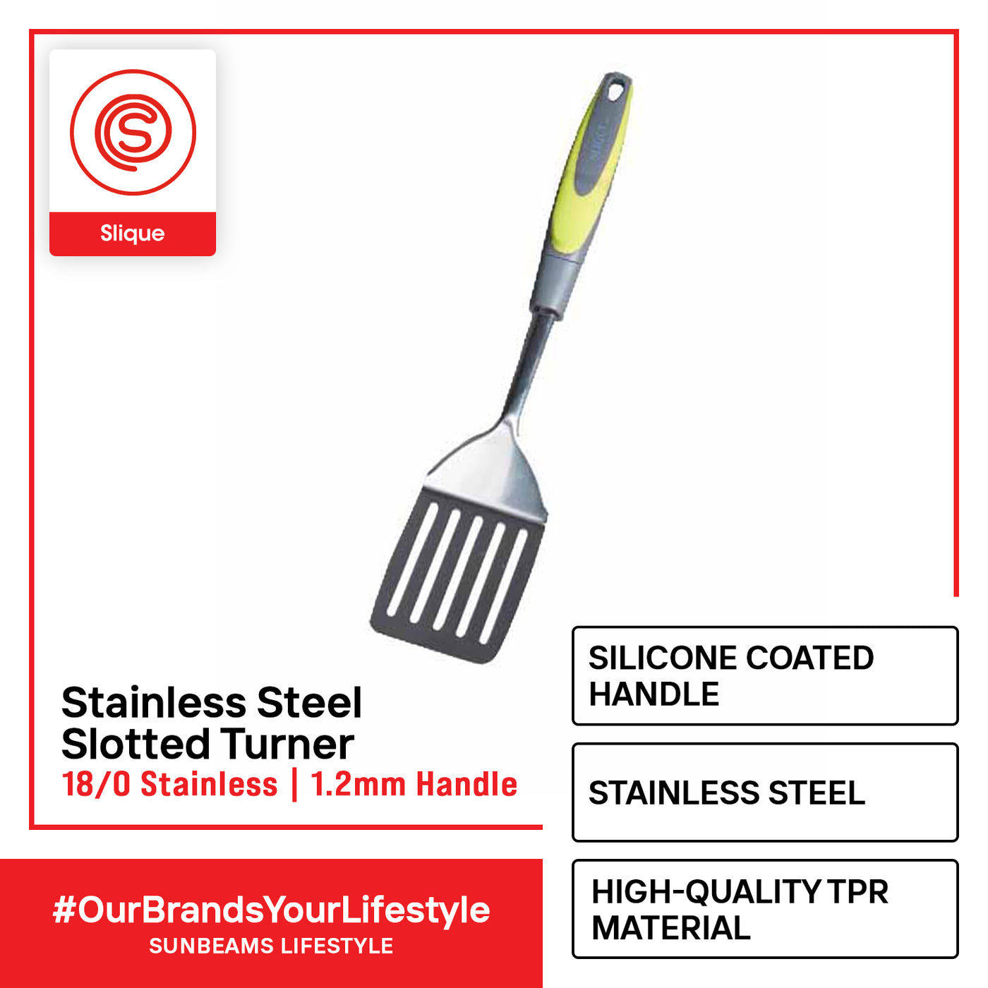 SLIQUE Premium 18/8 Stainless Steel Slotted Turner TPR Silicone Handle Kitchen Essentials Amazing Gift Idea For Any Occasion! (Green)