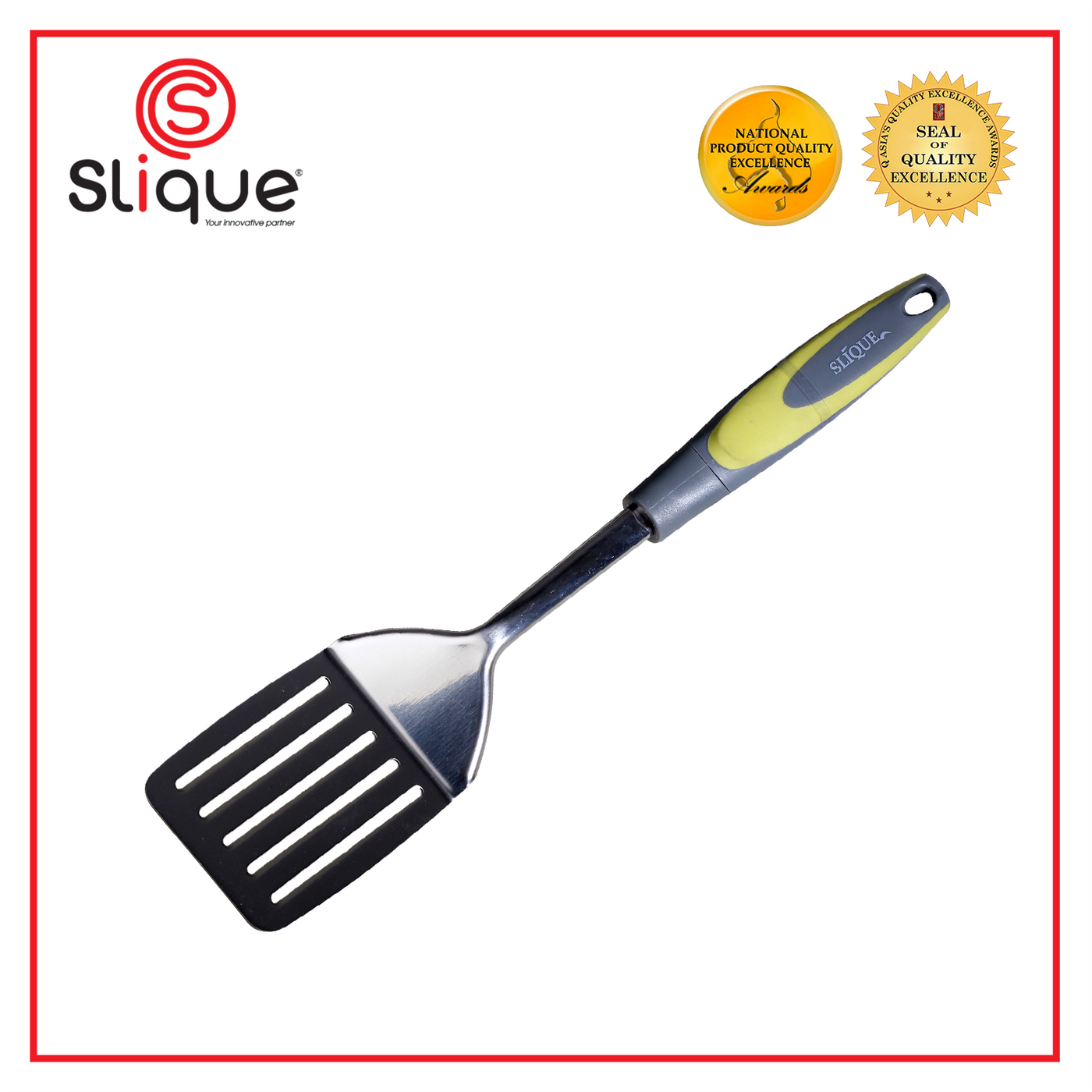 SLIQUE Premium 18/8 Stainless Steel Slotted Turner TPR Silicone Handle Kitchen Essentials Amazing Gift Idea For Any Occasion! (Green)