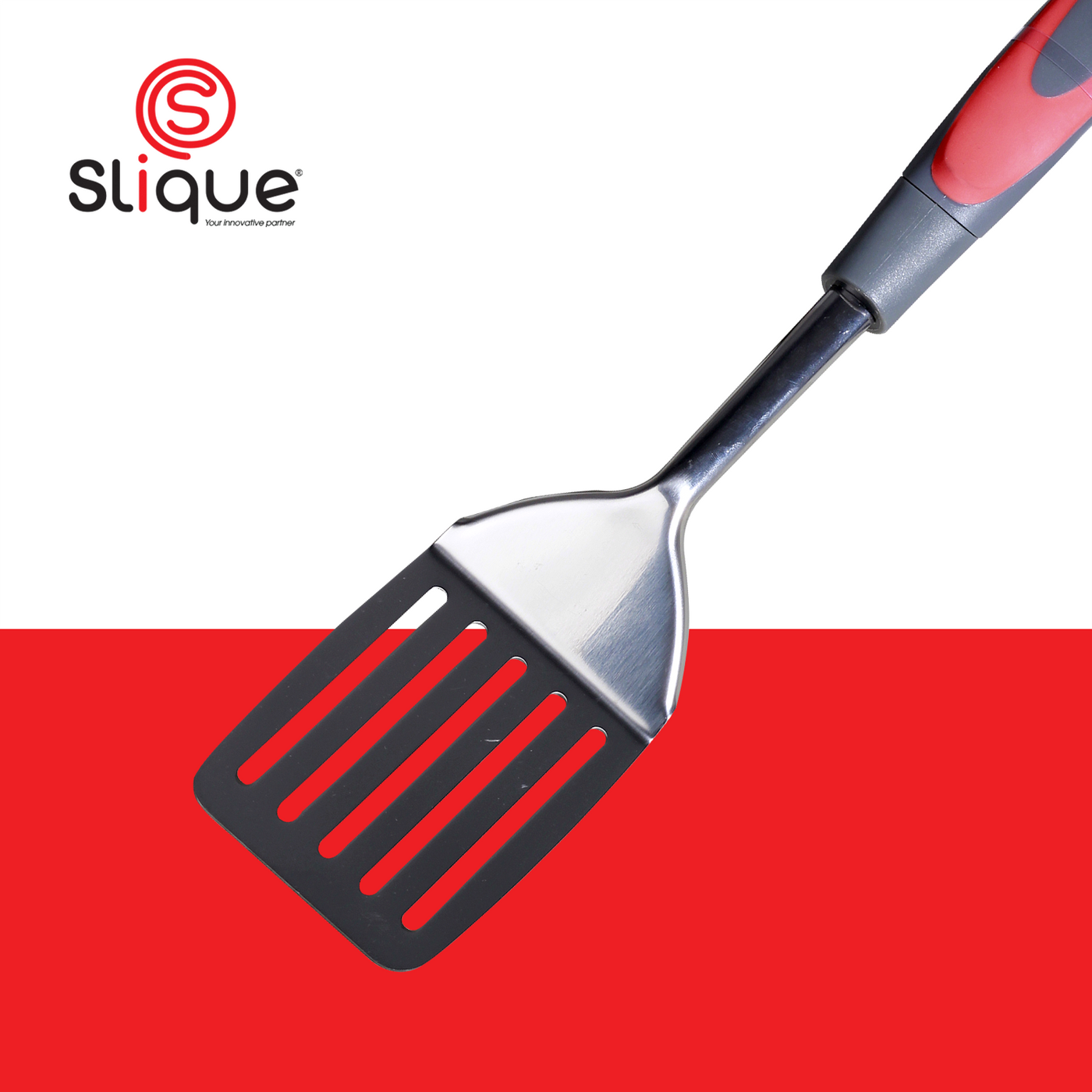 SLIQUE Premium 18/8 Stainless Steel Slotted Turner TPR Silicone Handle Kitchen Essentials Amazing Gift Idea For Any Occasion! (Red)