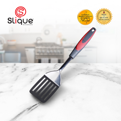 SLIQUE Premium 18/8 Stainless Steel Slotted Turner TPR Silicone Handle Kitchen Essentials Amazing Gift Idea For Any Occasion! (Red)