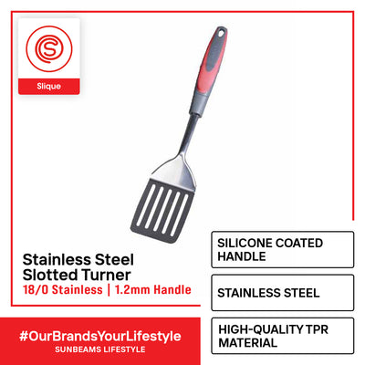 SLIQUE Premium 18/8 Stainless Steel Slotted Turner TPR Silicone Handle Kitchen Essentials Amazing Gift Idea For Any Occasion! (Red)