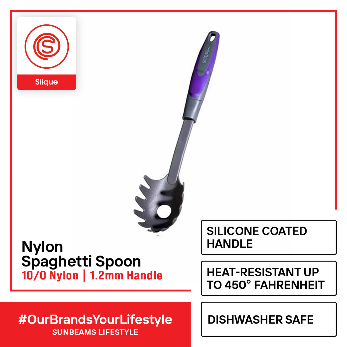 SLIQUE Premium Nylon Spaghetti Spoon TPR Silicone Handle Kitchen Essentials Amazing Gift Ideal For Any Occasion! (Purple)