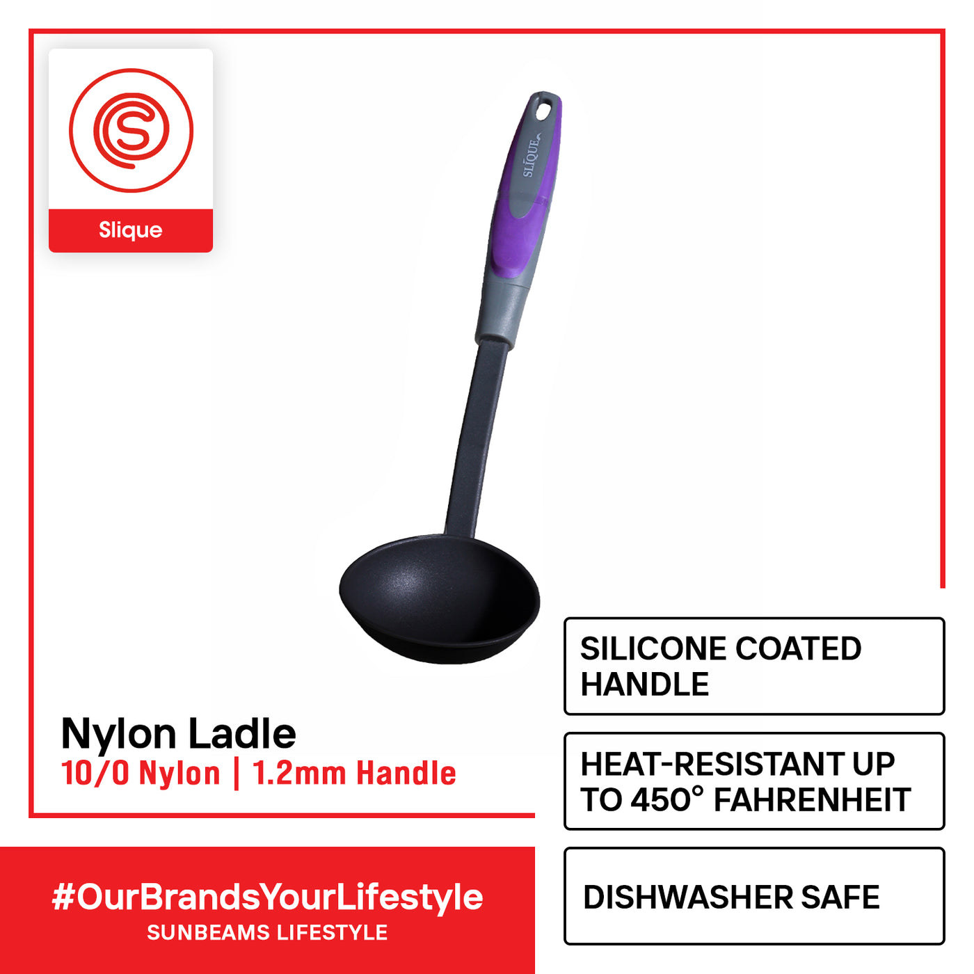 SLIQUE Premium Nylon Ladle TPR Silicone Handle Kitchen Essentials Amazing Gift Idea For Any Occasion! (Purple)