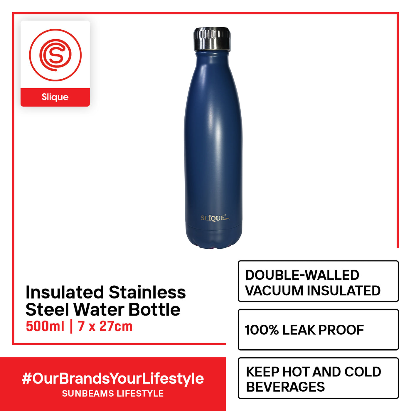 SLIQUE Stainless Steel Matte Finish Insulated Water Bottle 500ml Amazing Gift Idea For Any Occasion! (Dark Blue)