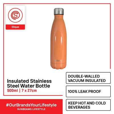 SLIQUE Stainless Steel Glossy Finish Insulated Water Bottle 500ml Modern Italian Design Amazing Gift Idea For Any Occasion! (Orange)