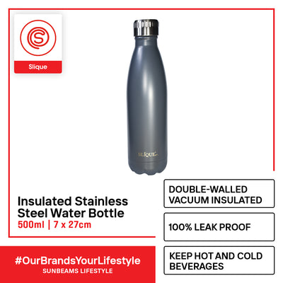 SLIQUE Stainless Steel Matte Finish Insulated Water Bottle 500ml Modern Italian Design Amazing Gift Idea For Any Occasion! (Grey)