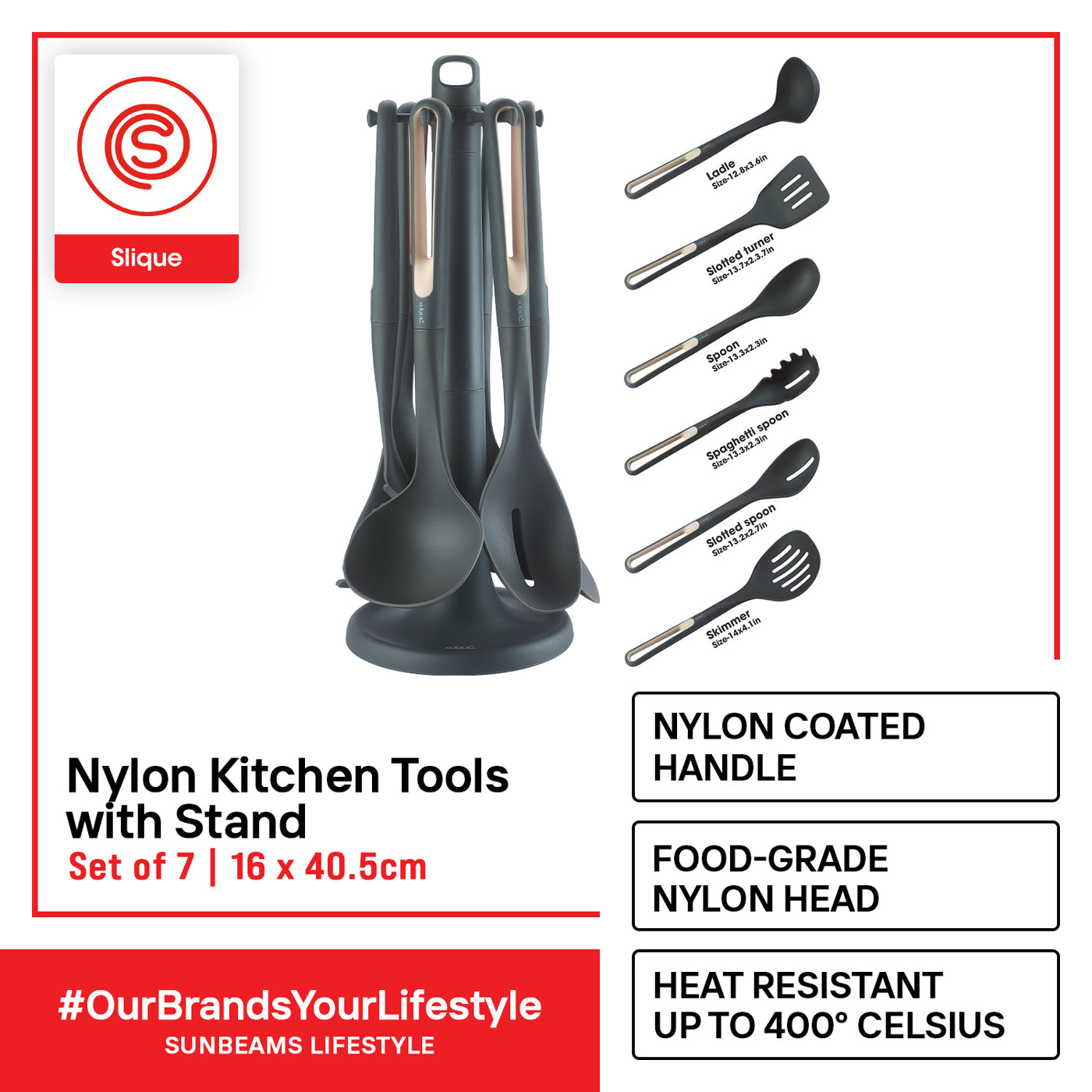 SLIQUE Premium Nylon Kitchen Tools w/ Stand Kitchen Essentials Amazing Gift Idea For Any Occasion! (BlackPink)