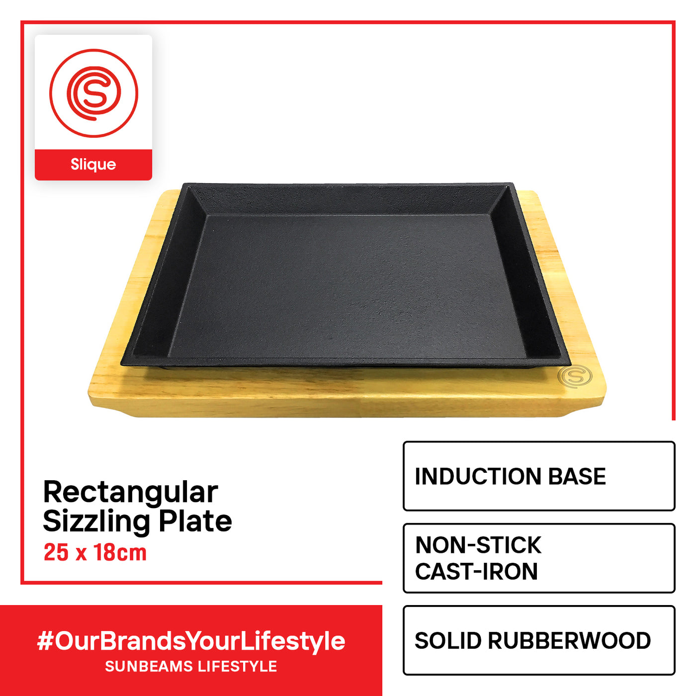 SLIQUE Premium Cast Iron Rectangular Sizzling Plates w/ Original Rubber Wood Base 25cm Amazing Gift Idea For Any Occasion!