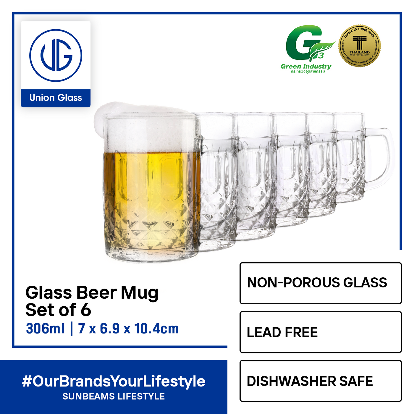 UNION GLASS Thailand Premium Clear Glass Beer Mug  Beer Lovers 306ml Set of 6 Amazing Gift Idea For Any Occasion!