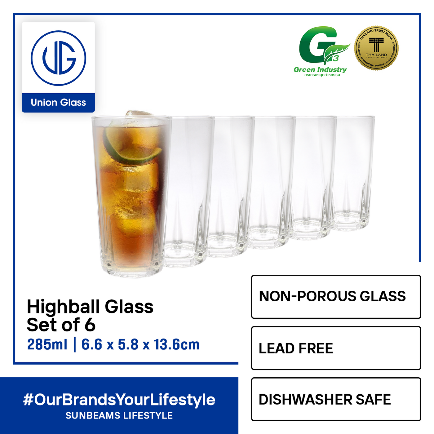 UNION GLASS Thailand	Premium Clear Glass Highball Water, Juice, Soda, Liquor Glass 285 ml | 10 oz Set of 6 Amazing Gift Idea For Any Occasion!
