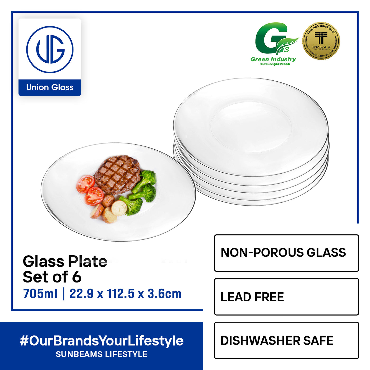 UNION GLASS Thailand Premium Clear Glass Plate 705ml | 14.5oz | 9" Set of 6 Amazing Gift Idea For Any Occasion!
