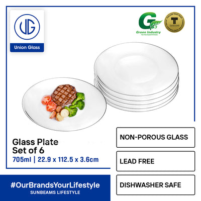 UNION GLASS Thailand Premium Clear Glass Plate 705ml | 14.5oz | 9" Set of 6 Amazing Gift Idea For Any Occasion!