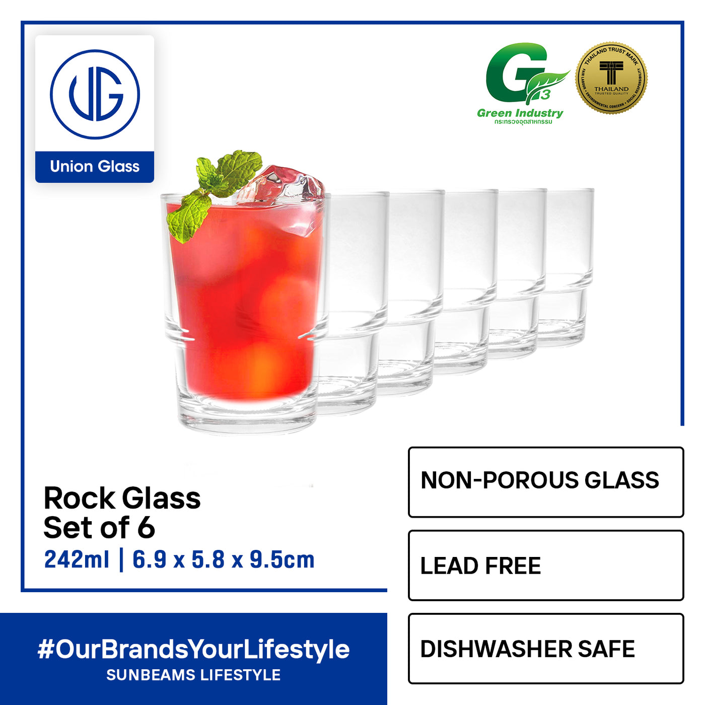 UNION GLASS Thailand Premium Clear Glass Rock Glass Water, Juice, Soda, Liquor Glass 242ml | 8oz Set of 6
