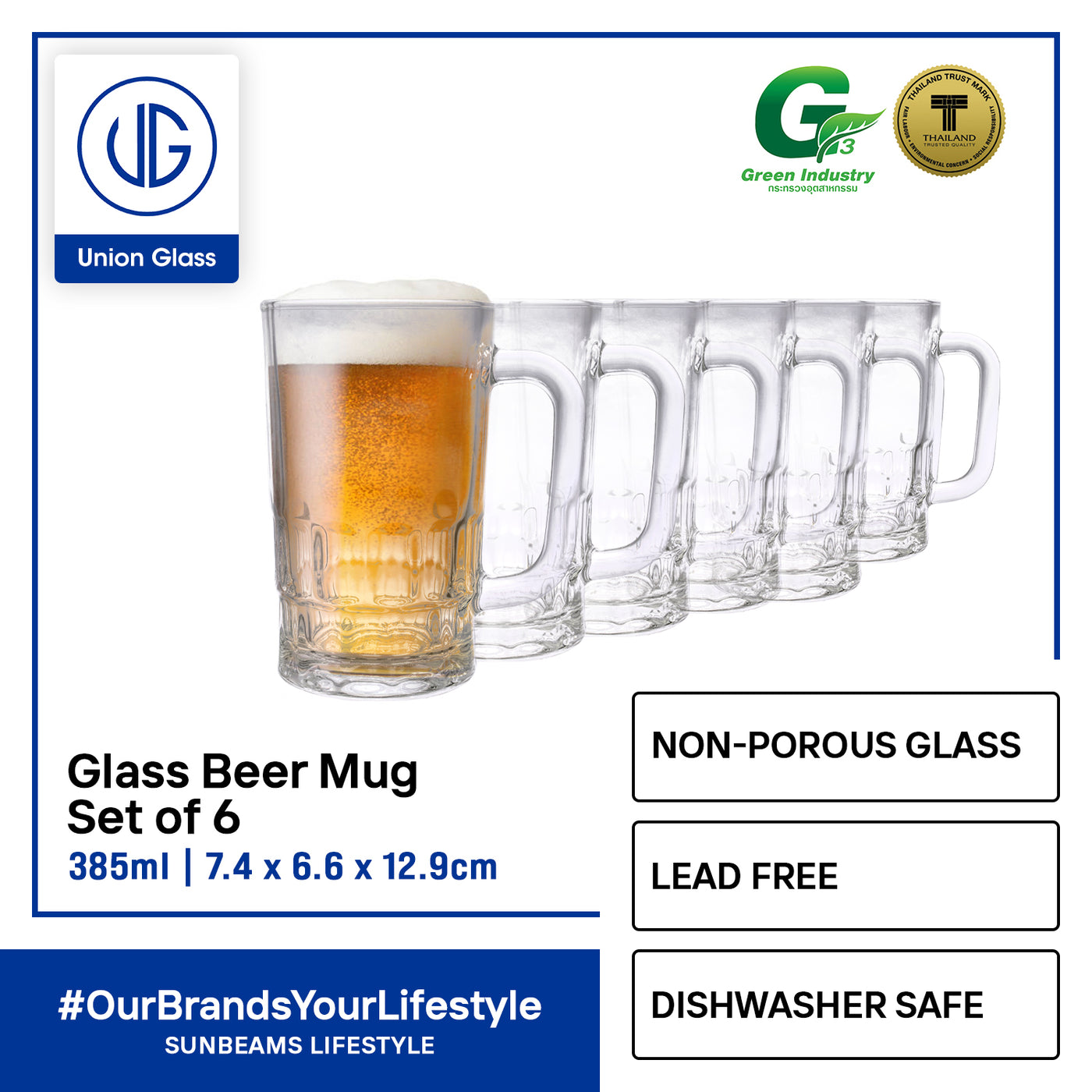 UNION GLASS Thailand Premium Clear Glass Beer Mug Beer Lovers 385ml Set of 6 Amazing Gift Idea For Any Occasion!