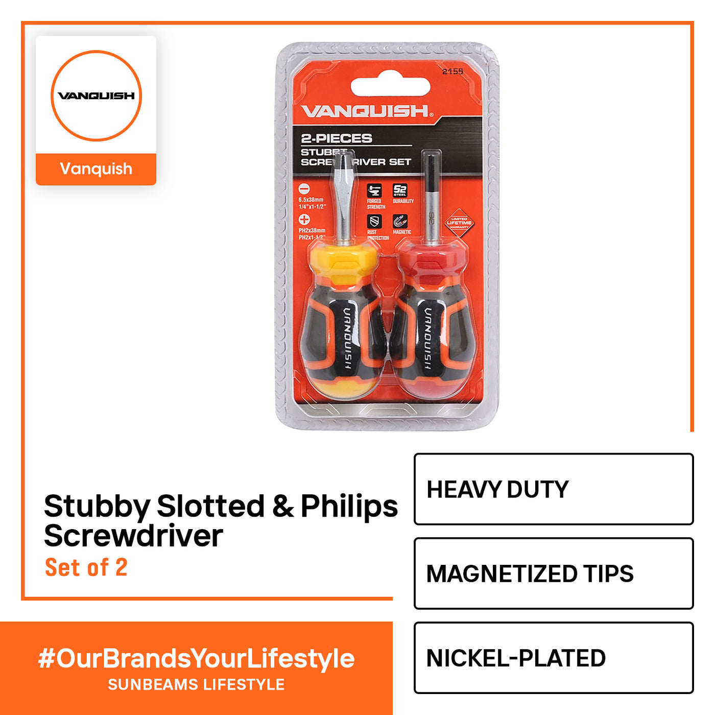 VANQUISH Stubby Slotted & Philips Screwdriver Set of 2 Premium | Heavy Duty | Professional