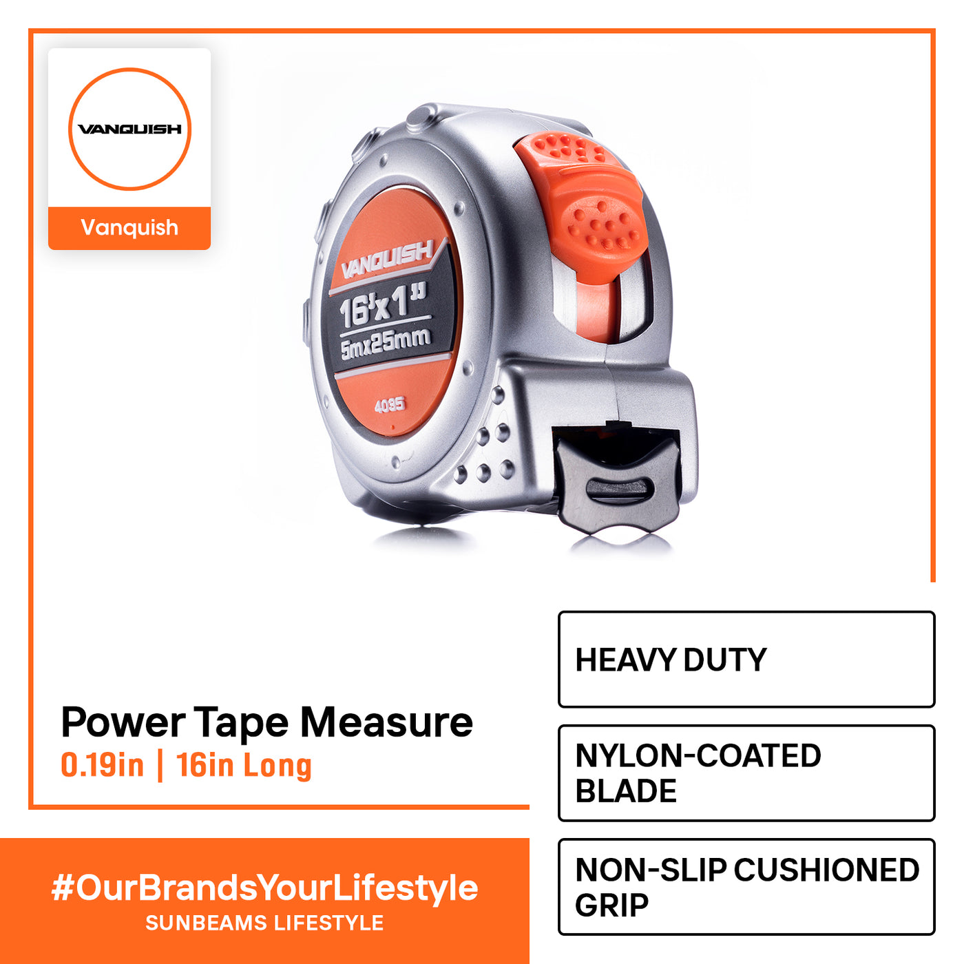 VANQUISH Power Tape Measure, Nylon Coated Blade Premium | Heavy Duty | Professional 0.19inch | 0.98inch 5mm | 25mm
