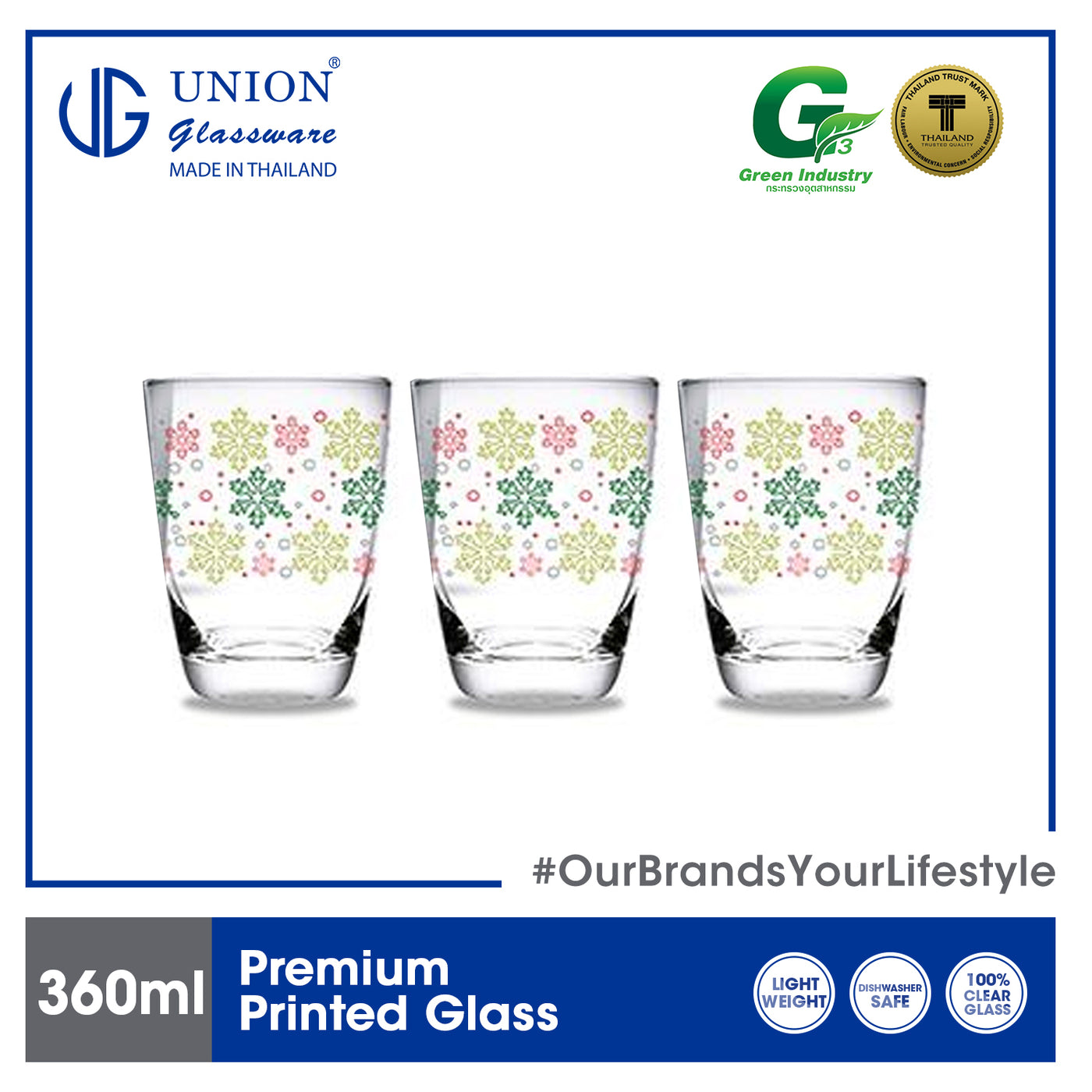 UNION GLASS Printed Glass Limited Edition Design Water, Juice, Soda, Liquor Glass 360ml | 13oz [Set of 3] Amazing Gift Idea For Any Occasion!