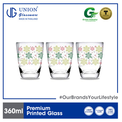 UNION GLASS Printed Glass Limited Edition Design Water, Juice, Soda, Liquor Glass 360ml | 13oz [Set of 3] Amazing Gift Idea For Any Occasion!