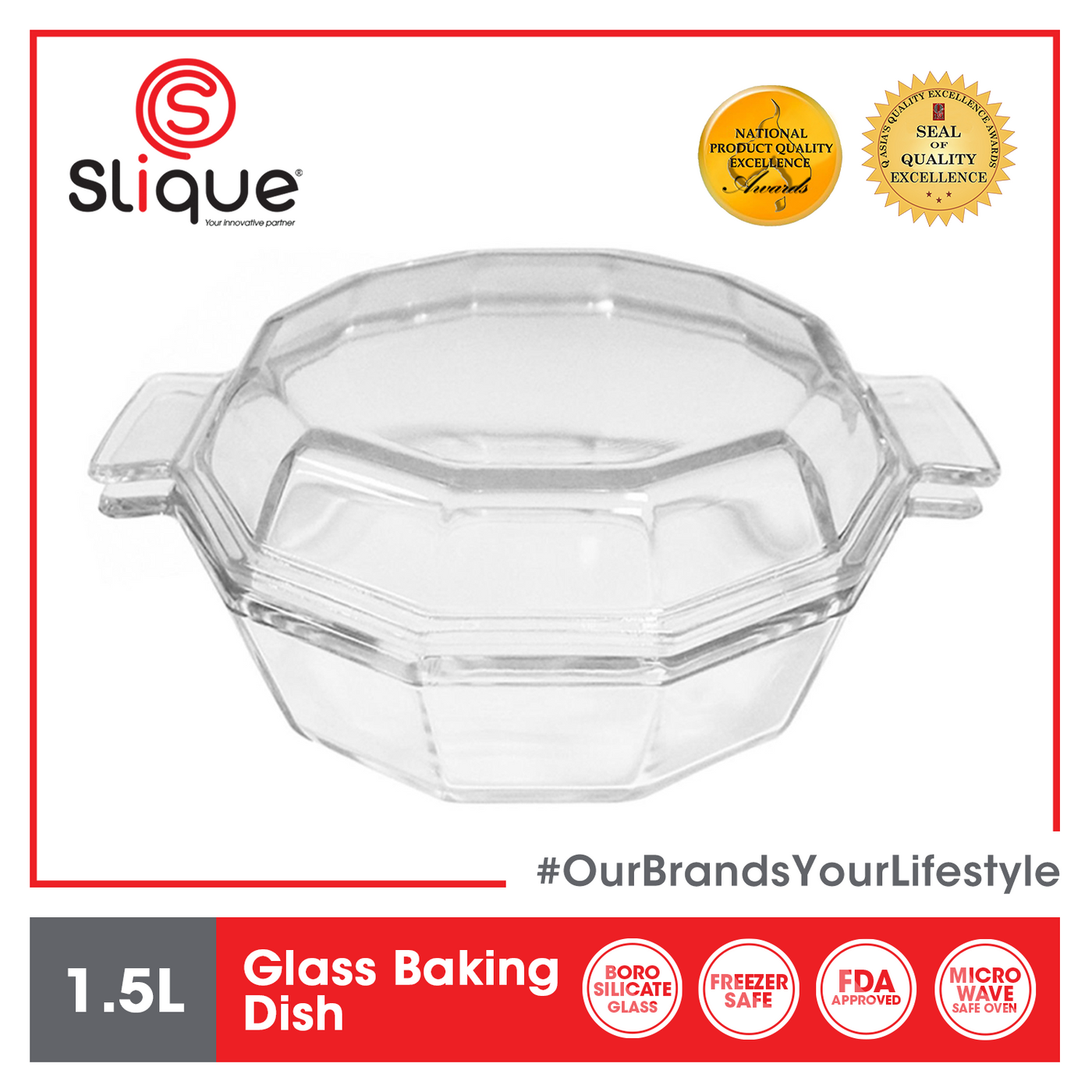 SLIQUE Premium Borosilicate Hexagon Glass Baking Dish Microwave & Oven Safe Baking Essentials 1500ml