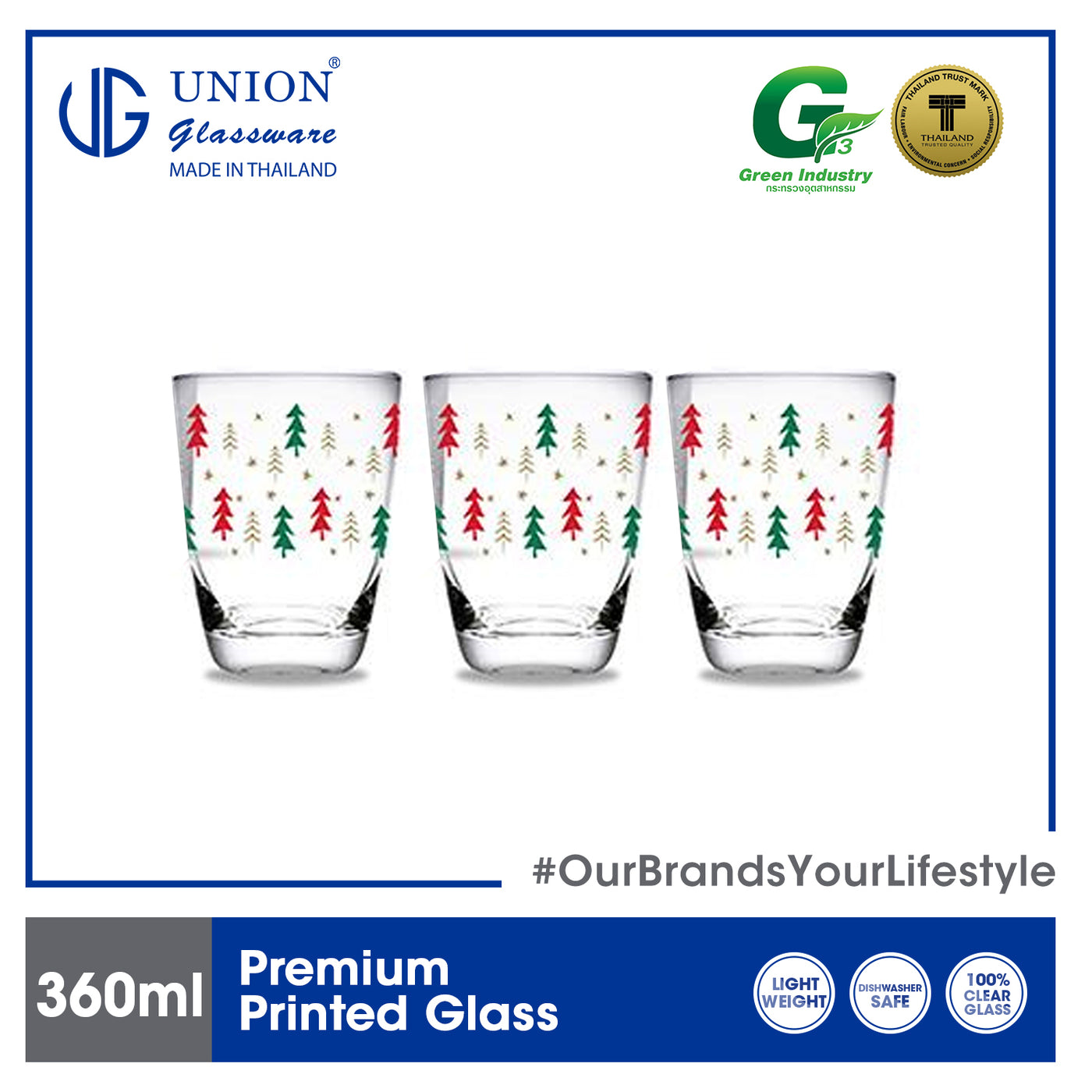 UNION GLASS Printed Glass Limited Edition Design Water, Juice, Soda, Liquor Glass 360ml | 13oz [Set of 3] Amazing Gift Idea For Any Occasion!