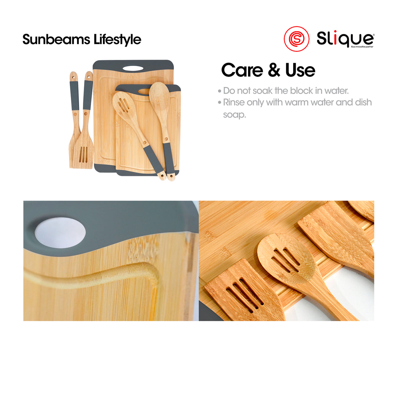 SLIQUE Kitchen Utensils & Cutting Board [Set of 6] Spoons & Turners -  Bamboo  Wood Silicone Handle | Light-weight & ergonormic | Non-slip edges & Juice Dripper