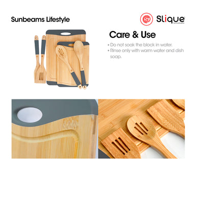 SLIQUE Kitchen Utensils & Cutting Board [Set of 6] Spoons & Turners -  Bamboo  Wood Silicone Handle | Light-weight & ergonormic | Non-slip edges & Juice Dripper