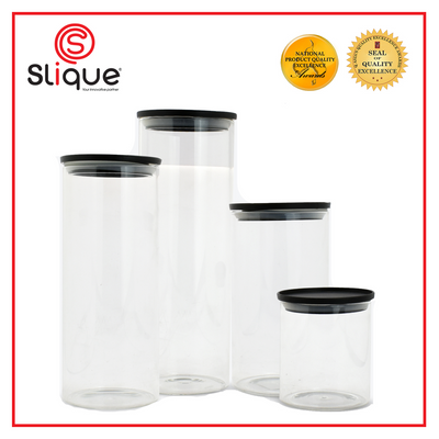 SLIQUE Premium Borosilicate Glass Jar w/ Silicone Plastic Lid Airtight  Set of 4  Storage Essentials Amazing Gift Idea For Any Occasion!