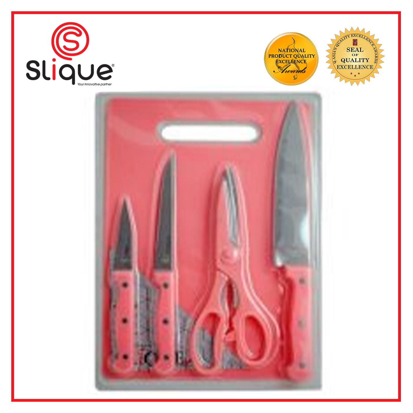SLIQUE Premium Stainless Steel Kitchen Knife w/ Scissors Cutting Board Set of 5 Amazing Gift Idea For Any Occasion!
