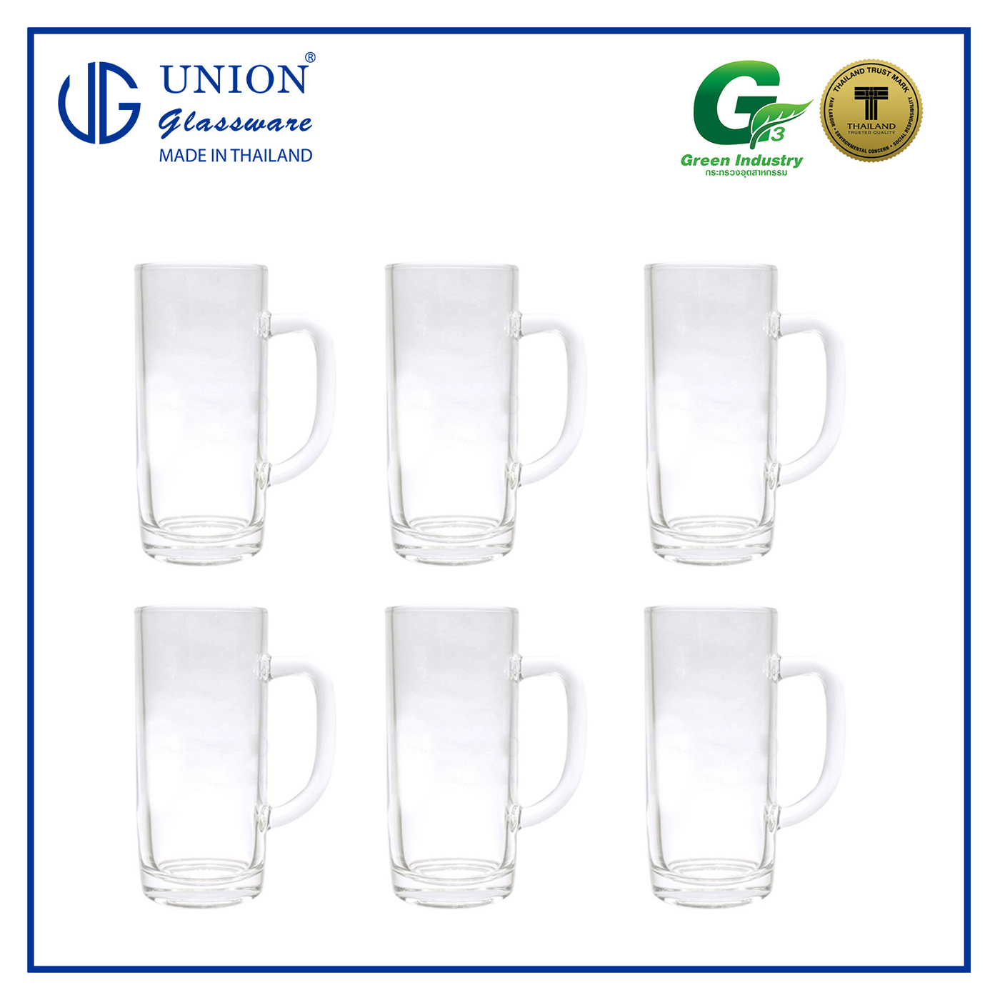 UNION GLASS Thailand Premium Clear Glass Beer Mug Beer Lovers 400ml Set of 6 Amazing Gift Idea For Any Occasion!