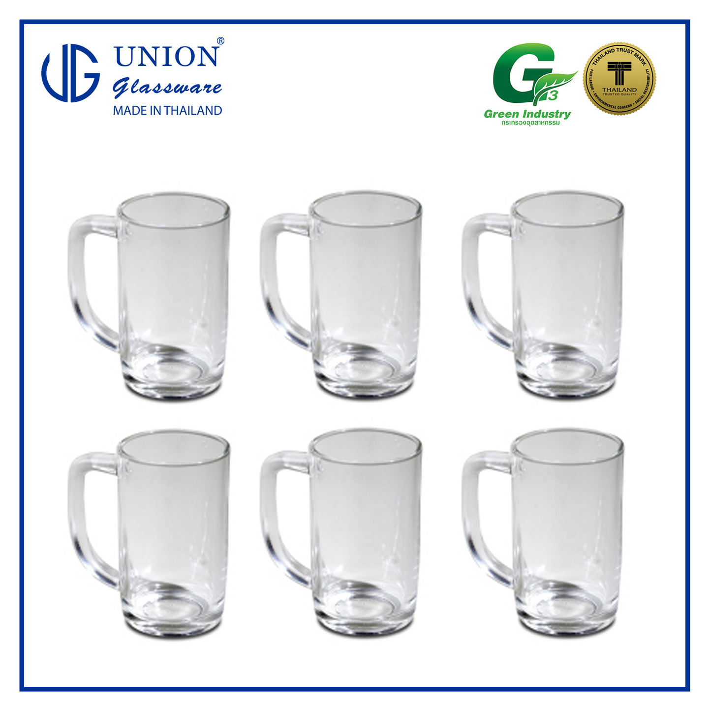 UNION GLASS Thailand Premium Clear Glass Beer Mug Beer Lovers 535ml Set of 6
