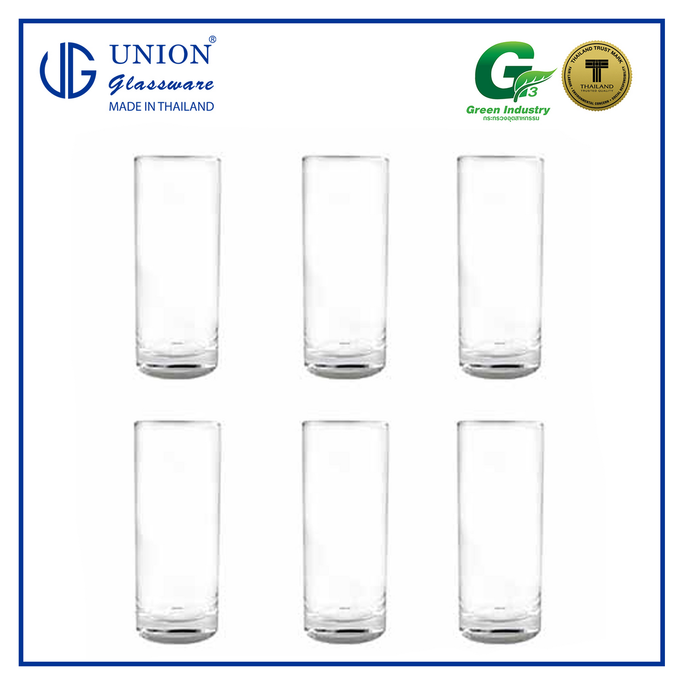 UNION GLASS Thailand Premium Clear Glass Highball Glass 260 ml | 9 oz Set of 6