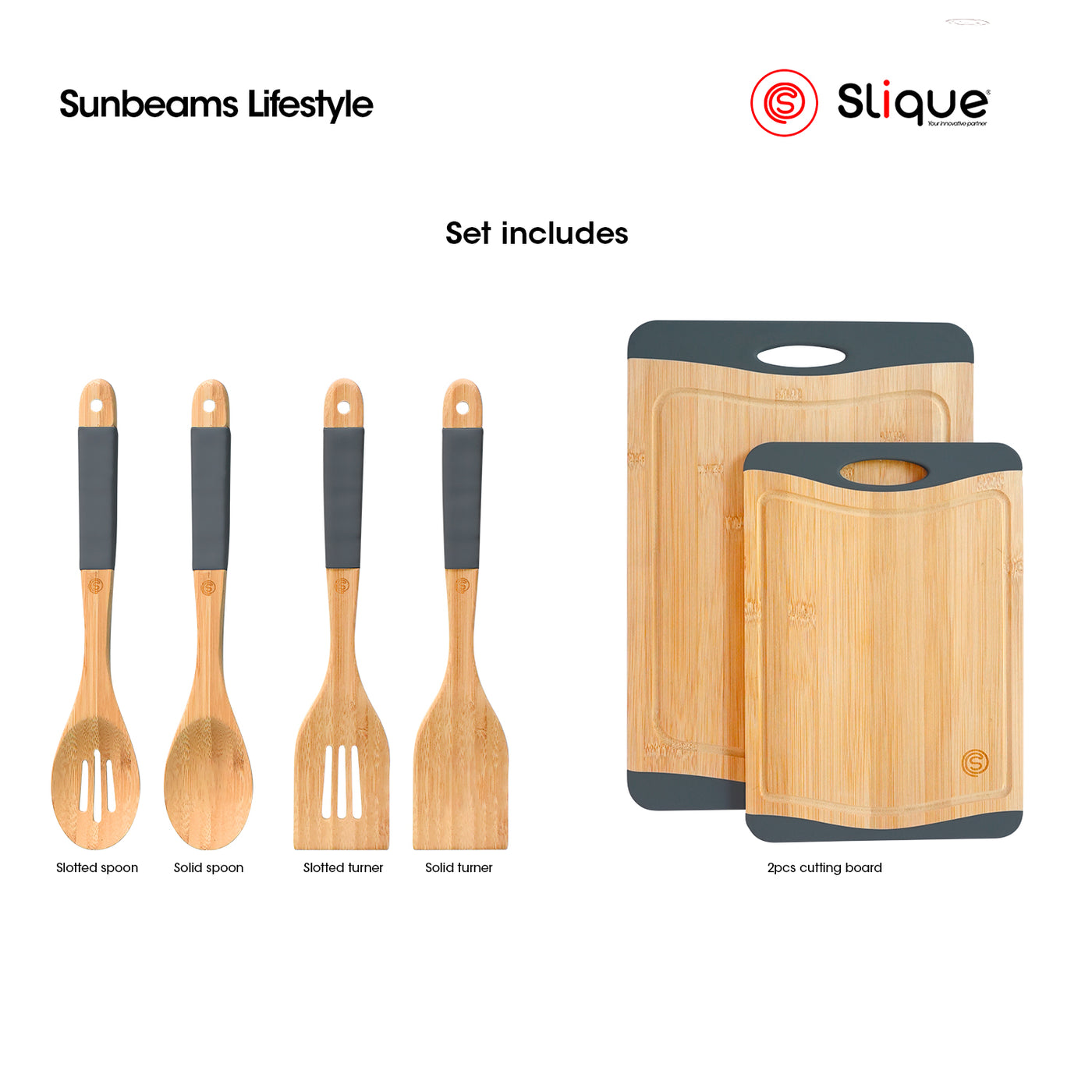 SLIQUE Kitchen Utensils & Cutting Board [Set of 6] Spoons & Turners -  Bamboo  Wood Silicone Handle | Light-weight & ergonormic | Non-slip edges & Juice Dripper